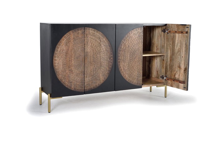 GINER Y COLOMER Buffet 4 portes en bois de manguier et métal, Nogal foncé